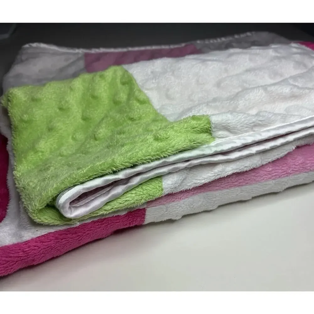 Carters Child of Mine Patchwork Baby Blanket Pink Green Squares Minky Dot Satin